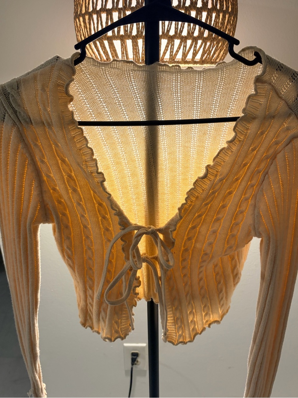 SHEIN Cream Ruffle Tie-Front Ribbed Cardigan - Picture 4 of 9